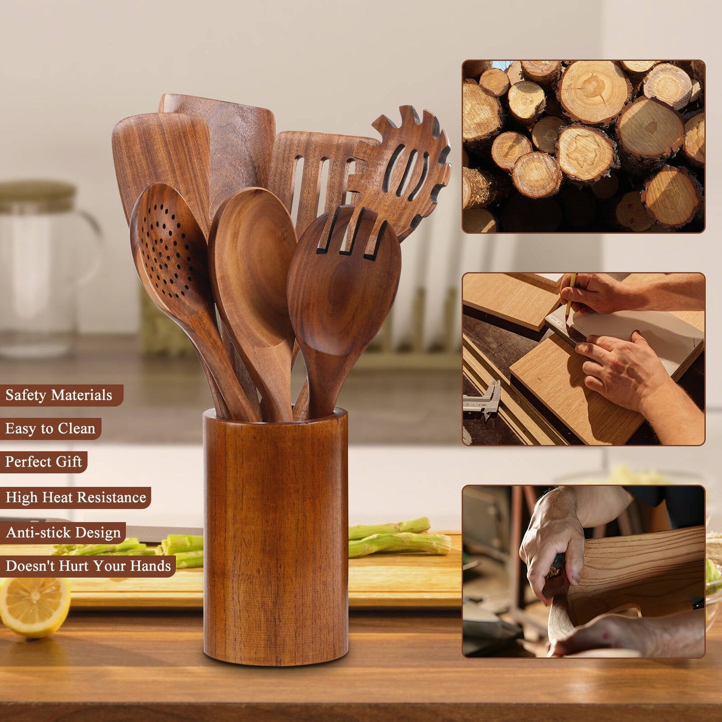 Houten Kooklepels 8-Stuks, Dik Natuurlijk Houten Keukengerei